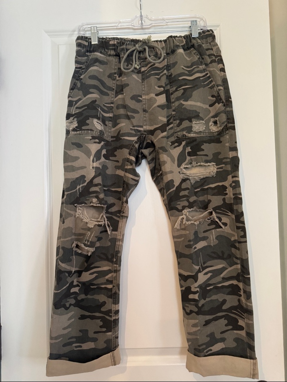 Mustard Seed Camouflage Distressed Drawstring Joggers - Olive Green